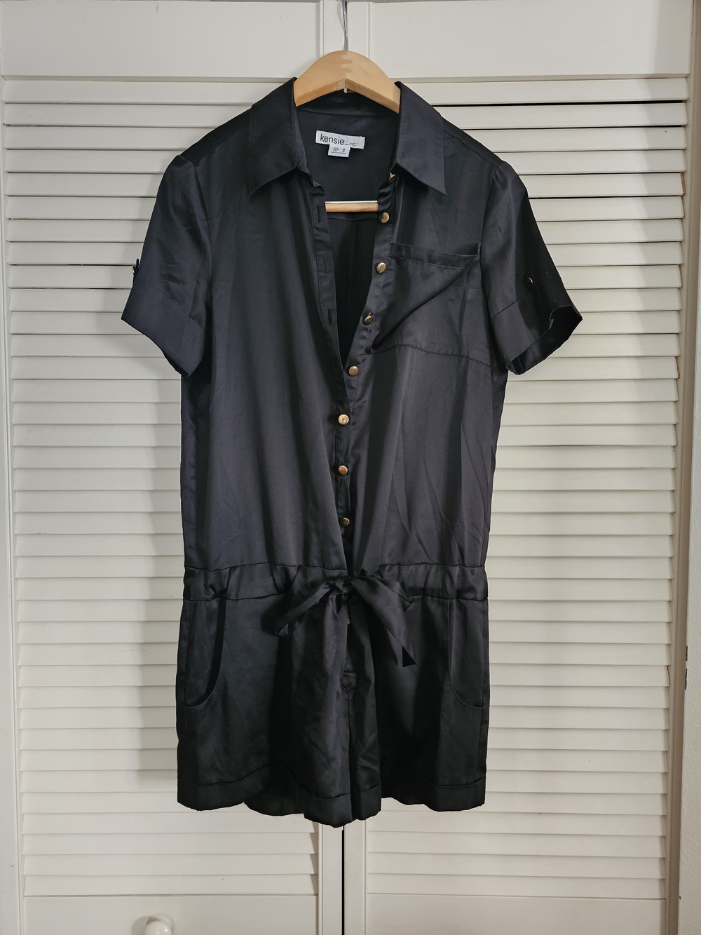Kensie Black Short-Sleeve Romper with Tie Waist